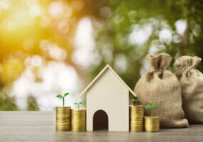Saving money or property investment or buy a new home concept. A small house model with growth plant on stack of coins and money bag on wood table. Depicts sustainable financial goal.